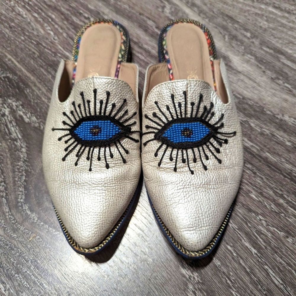 Leather Mules with Embroidered and Beaded Eye Shaped Decor Accent Pearl Colored